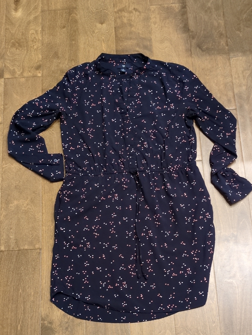 GAP Navy Long-Sleeve Tie-Waist Dress with Pink Dot Print Size Small